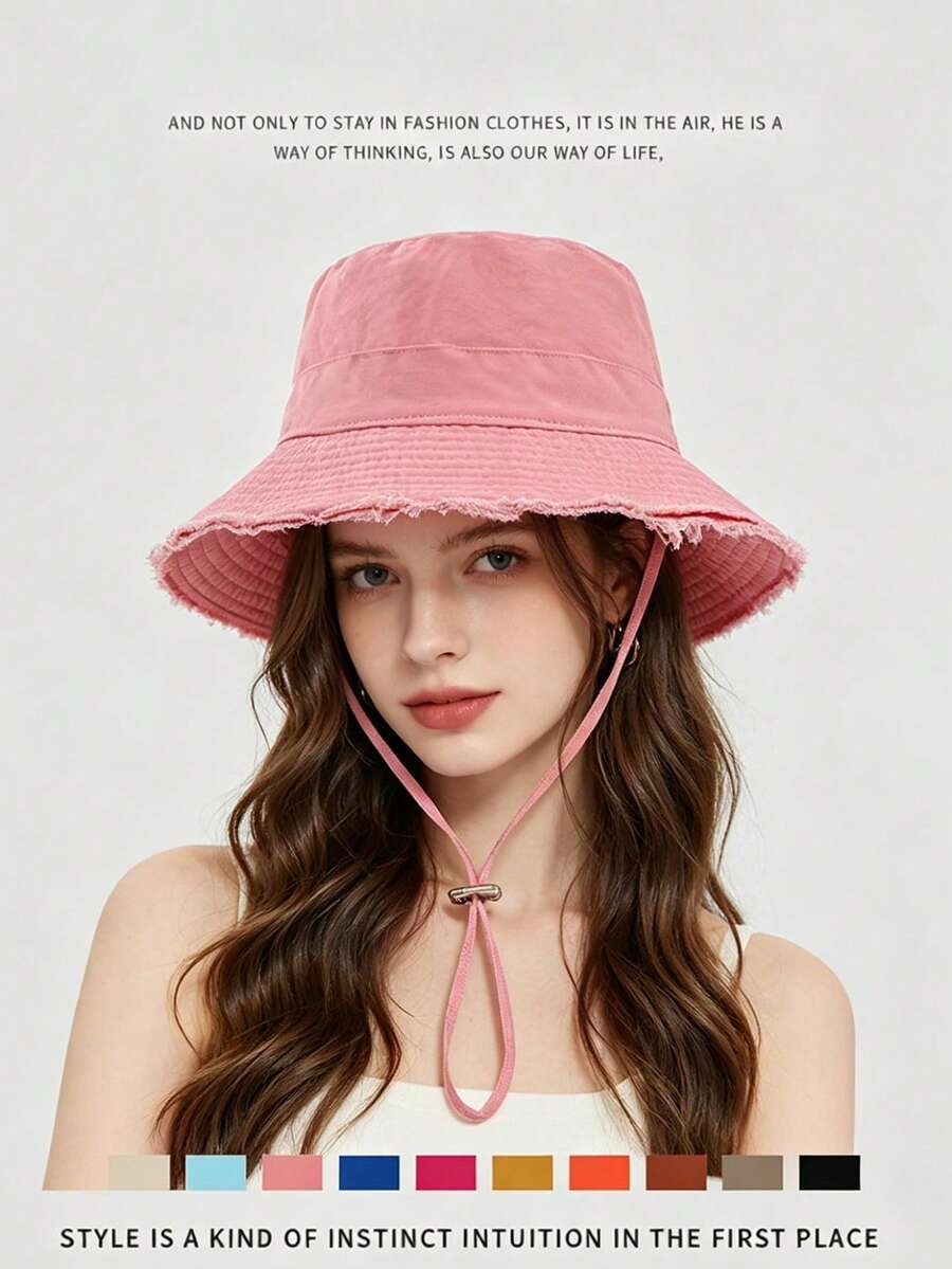 1pc Women's Drawstring Bucket Hat, Adjustable Chin Strap, Distressed Effect, Soft Fabric, Sun Protection And Windproof, Fashionable And Versatile, Suitable For Travel, Beach, Vacation, Daily Casual - Bucket Hat - View 1