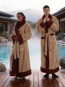 Super Warm Long Pile Lamb Fleece House Robe, Brown Contrast Trim Soft Fluffy Brushed Fabric, Plus Size Loose Couple Loungewear, Unisex, Winter Indoor Bedroom Set, Suitable For Movie Night And Lazy Weekend, Comfortable Home Relaxation Short Robe Gift - Multicolor - View 10