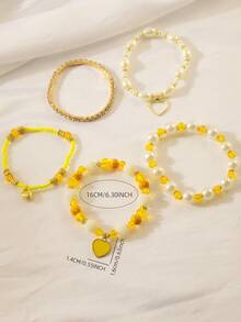 5pcs/Set Shell & Yellow Heart Bracelet Set, Bohemian Style Stackable Design, Suitable For Women, Beach Vacation Casual Wear, Casual Heart Pattern, Perfect Gift - Yellow - View 2