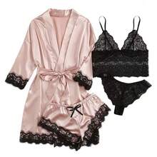 Conjunto de Pijama de Encaje para Mujer, Ropa de Dormir Sexy de Cuatro Piezas, Cómoda y Holgada - Rosa - Ver 3