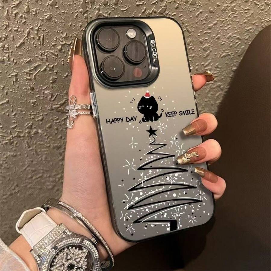 Christmas Tree Cat Phone Case For Apple 15Pro, 16Pro Max, Cute 14Pro, Christmas 13 - 彩銀殼-黑色-聖誕貓 - 查看 1