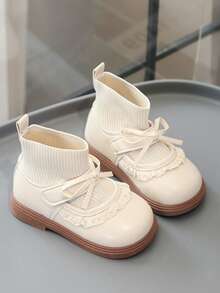 Girls' Soft Sole Comfortable Lace Bow Sock-Style Ankle Boots, Fashion Soft Sole Knitted Lace-Up Mary Jane Shoes - Beige - View 1
