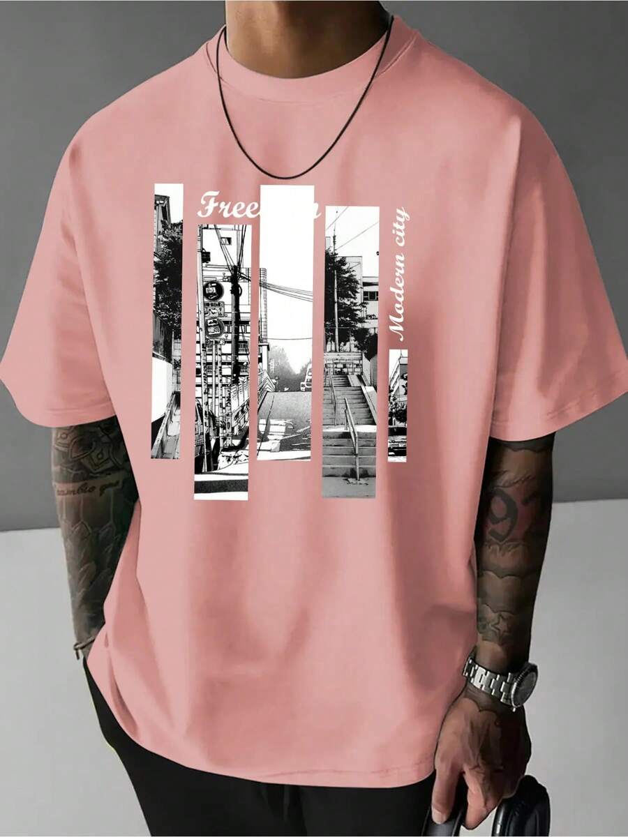 Men's T-Shirt, Printed T-Shirt, Urban Casual Style, Short Sleeve, Loose Crew Neck, Gift For Men, Men's Clothing - 粉色 - 查看 1
