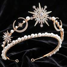 1pc Bridal Rhinestone Crown Pentagram Moon Tiara Faux Pearl Headpiece Party Evening Dress Decoration, Coronas - Multicolor - View 4