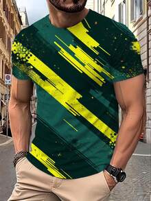 Camiseta de Cuello Redondo para Hombre de Estilo Contemporáneo - Diseño Abstracto de Alto Contraste con Líneas Angulares, Detalles en Tonos Medios y Textura Desgastada, Estampado Vibrante pa - Negro - Ver 1