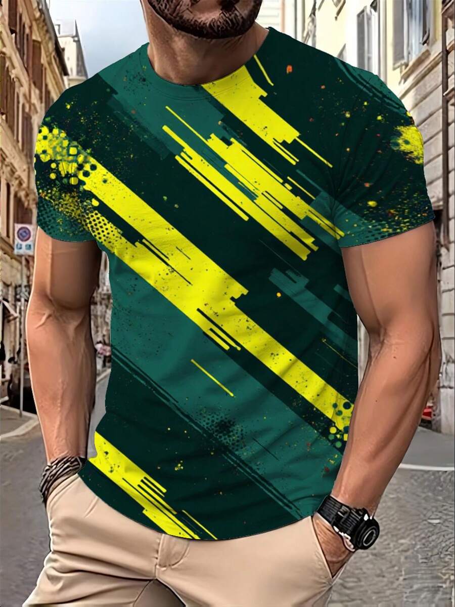 Camiseta de Cuello Redondo para Hombre de Estilo Contemporáneo - Diseño Abstracto de Alto Contraste con Líneas Angulares, Detalles en Tonos Medios y Textura Desgastada, Estampado Vibrante pa - Negro - Ver 1
