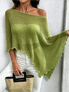 Atasan Rajut Model Cape Kasual Warna Polos Asimetris untuk Wanita Ukuran Plus, Cocok untuk Musim Panas. - Hijau - View 6