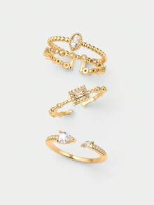 Ashenrae 3 Buah Cincin Zirkonia Geometris Minimalis untuk Wanita, Hadiah Sehari-hari & Pesta - Yellow Gold - View 1