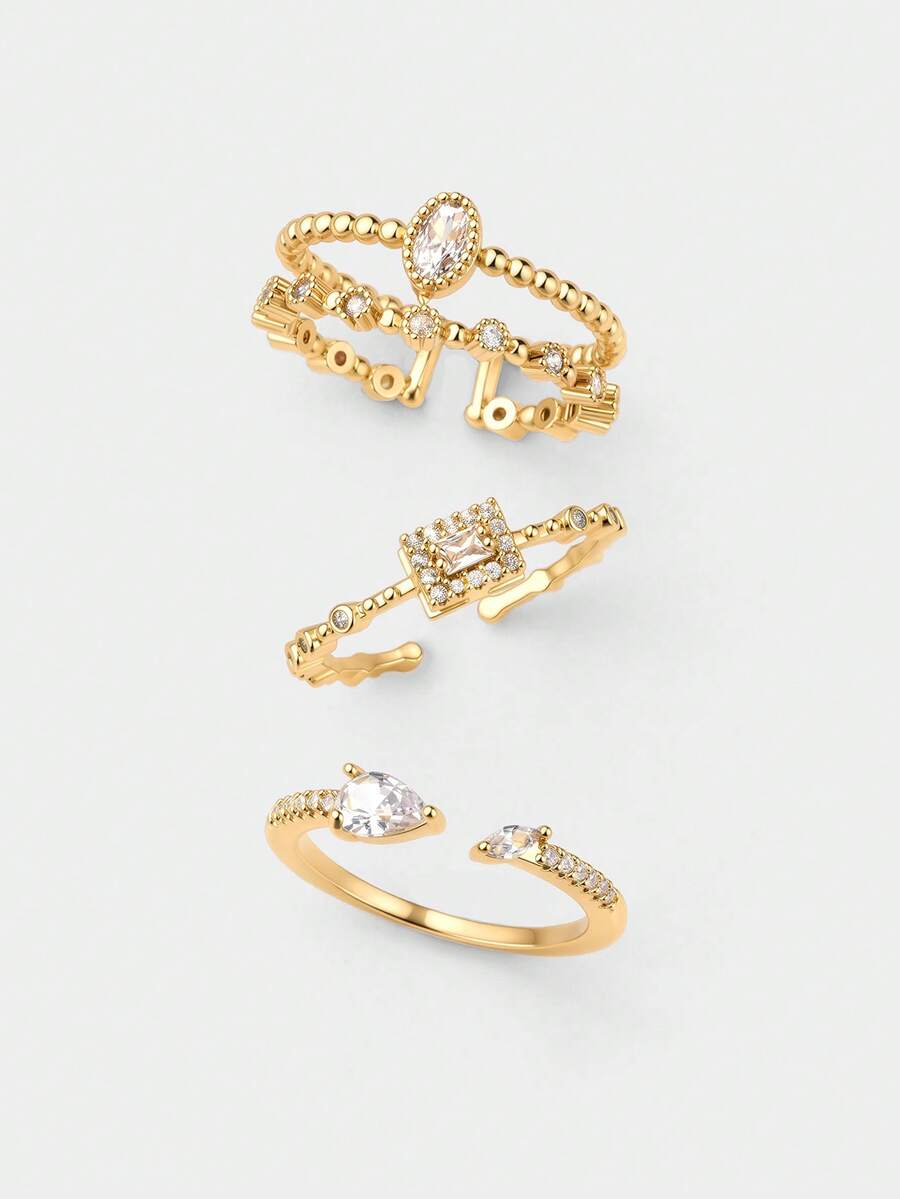Ashenrae 3 Buah Cincin Zirkonia Geometris Minimalis untuk Wanita, Hadiah Sehari-hari & Pesta - Yellow Gold - View 1
