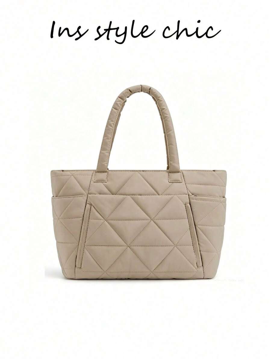 New Fashionable Classic Multifunctional Solid Color Tote Bag, Solid Color Design, Quilted Decoration, Shoulder Tote Bag, Double Handles, Fashionable Women's Shoulder Bag, Business Bag - 象牙色 - 查看 1