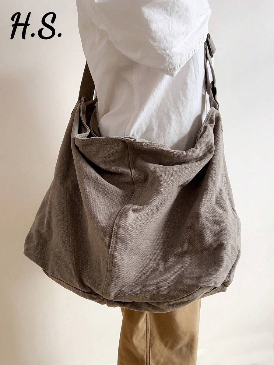 Bolso Tote de Lona Retro Gris Lavado de Gran Tamaño, Bolso de Hombro Versátil con Cierre de Cremallera, Adecuado para Uso Diario, Escuela, Universidad, Viajes, Ropa Urbana, Diseño Plegable - Marrón Mocha - Ver 1