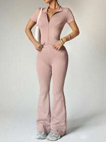 Conjunto de yoga y entrenamiento para mujer con chaqueta con cremallera de manga corta & pantalones acampanados de cintura alta deportivos - Rosa vieja - Ver 1