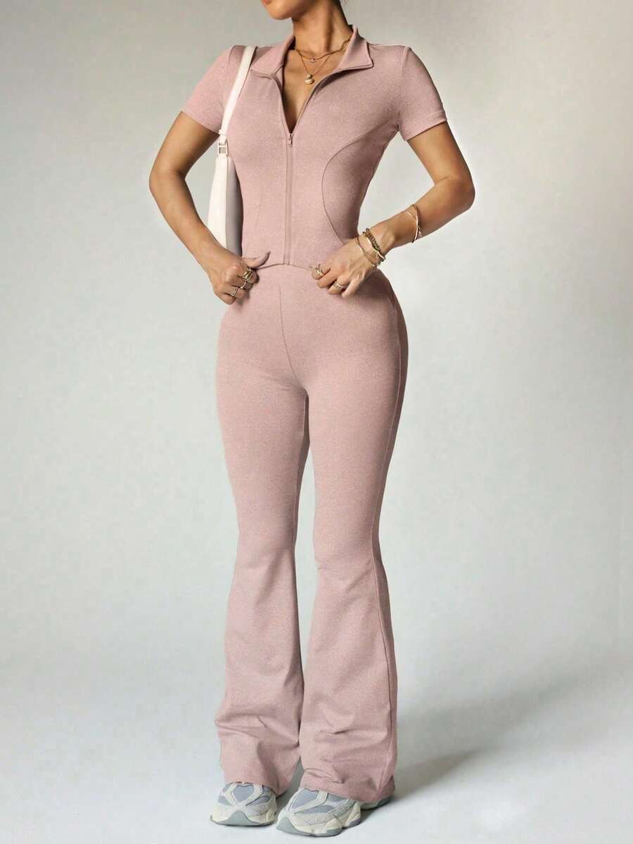 Conjunto de yoga y entrenamiento para mujer con chaqueta con cremallera de manga corta & pantalones acampanados de cintura alta deportivos - Rosa vieja - Ver 1