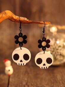 1 Pasang Anting Akrilik Panjang Berongga Motif Tengkorak Halloween dengan Jahitan Tangan dan Bunga - Beraneka warna - View 1