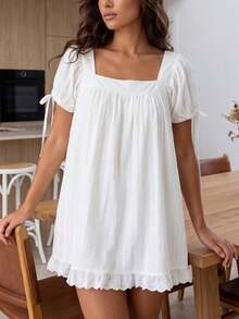 Short Sleeve Maternity Dress For Women Square Neck A-Line Mini Ruffled Dresses For Daily Shopping Office Travel - White - View 7