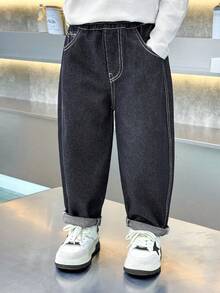 Boys' Toddler All-Season Elastic Waist Loose Fit Solid Color Contrast Stitch Denim Jeans Pants For Daily, School, Outdoor Wear - Dark Wash - View 6