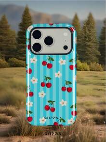 GIIPPA 1pc Teal Striped Background With Cherry And Floral Pattern Design, Phone 17 Pro Max Phone Case, Compatible With Phone 16 Pro Max, 15 Pro Max, 14 Pro Max, Korean-Style High-End Fashion Fun Phone Case, Compatible With 11/12/13/14/15/131 Pro Max Plus, Elegant Design Suitable For Men And Women, Perfect Gift For Girlfriend On Christmas, Valentine's Day, Easter, Wedding Season And Birthday! - Cadet Blue - View 6