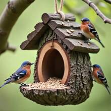 Hanging Bird Feeder Resin Bird House Garden Bird Decor Tree Stump Bird Nest Outdoor Yard Bird Station With Hanging Rope - View 2