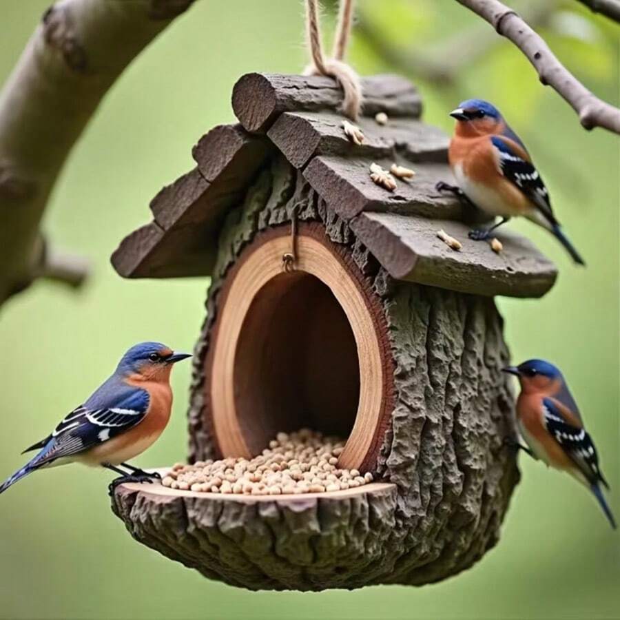 Hanging Bird Feeder Resin Bird House Garden Bird Decor Tree Stump Bird Nest Outdoor Yard Bird Station With Hanging Rope