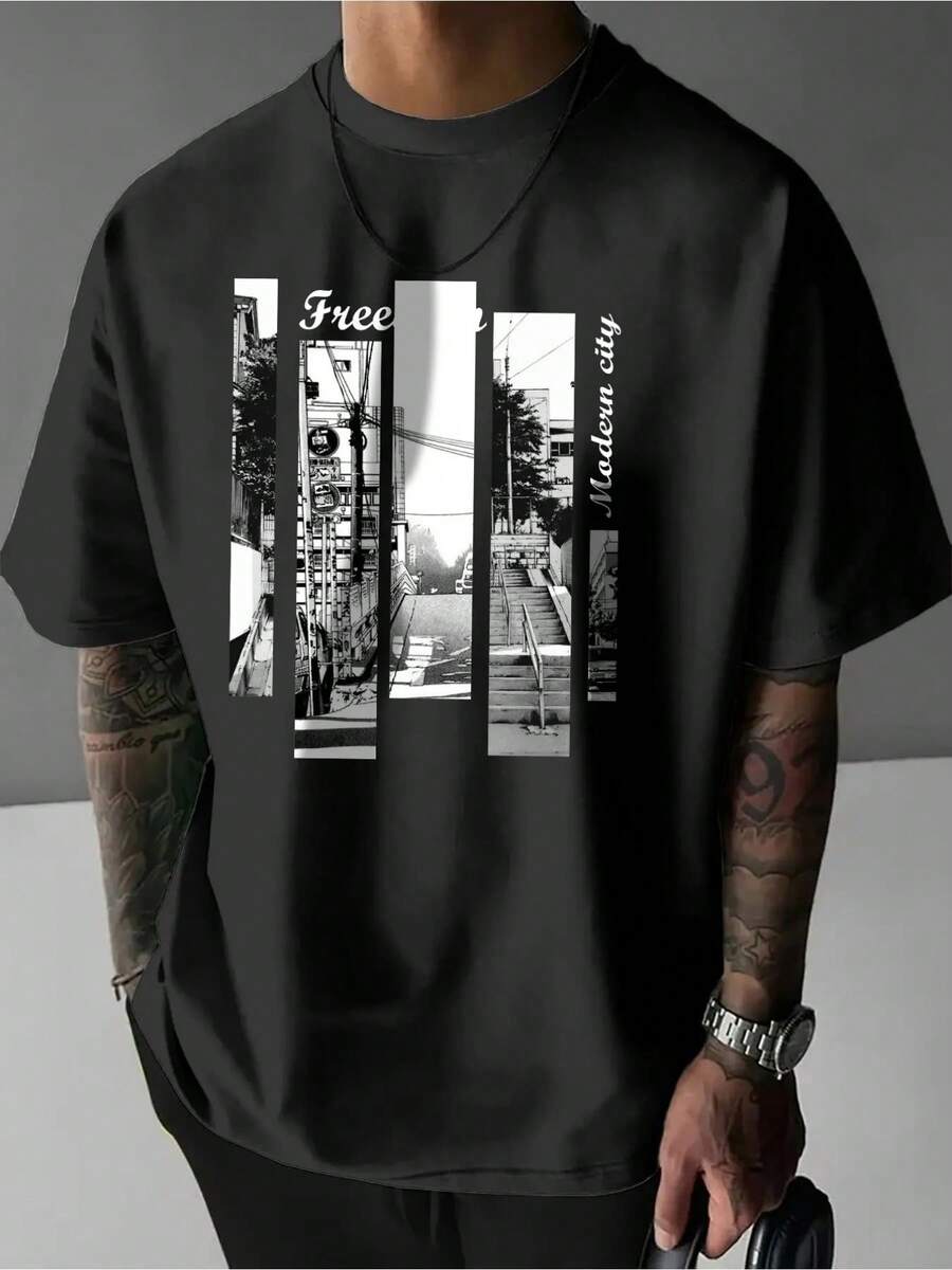 Men's T-Shirt, Printed T-Shirt, Urban Casual Style, Short Sleeve, Loose Crew Neck, Gift For Men, Men's Clothing - 黑色 - 查看 1