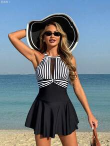 yonghongmaoyi1 Swim Lushoire Vestido de playa sin mangas con tirantes, de estilo de patchwork a rayas y de unicolor, adecuado para vacaciones de vera - Blanco y Negro - Ver 2