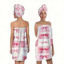 1 Set 4pcs Bow Checkerboard Checkerboard Print Dry Hair Cap Bathrobe Towel Set, Watercolor Hand-Painted Style Pattern, Bathrobe Towel, Dry Hair Towel, Wearable Bath Towel, Women's Bathrobe, Sauna Dress, Bathrobe, Shower Dry Hair Cap, Adult Home Bathrobe Dry Hair Cap Set, Machine Washable, Bathroom Accessories, Bathroom Essentials, Casual Decor, Travel Decor, Gift, Ideal Holiday Gift - Baby Pink - View 10