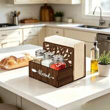 Wooden Napkin Holder With Storage Box, Rustic Hollow Design, Vertical Paper Towel Organizer - Coffee Brown - View 1