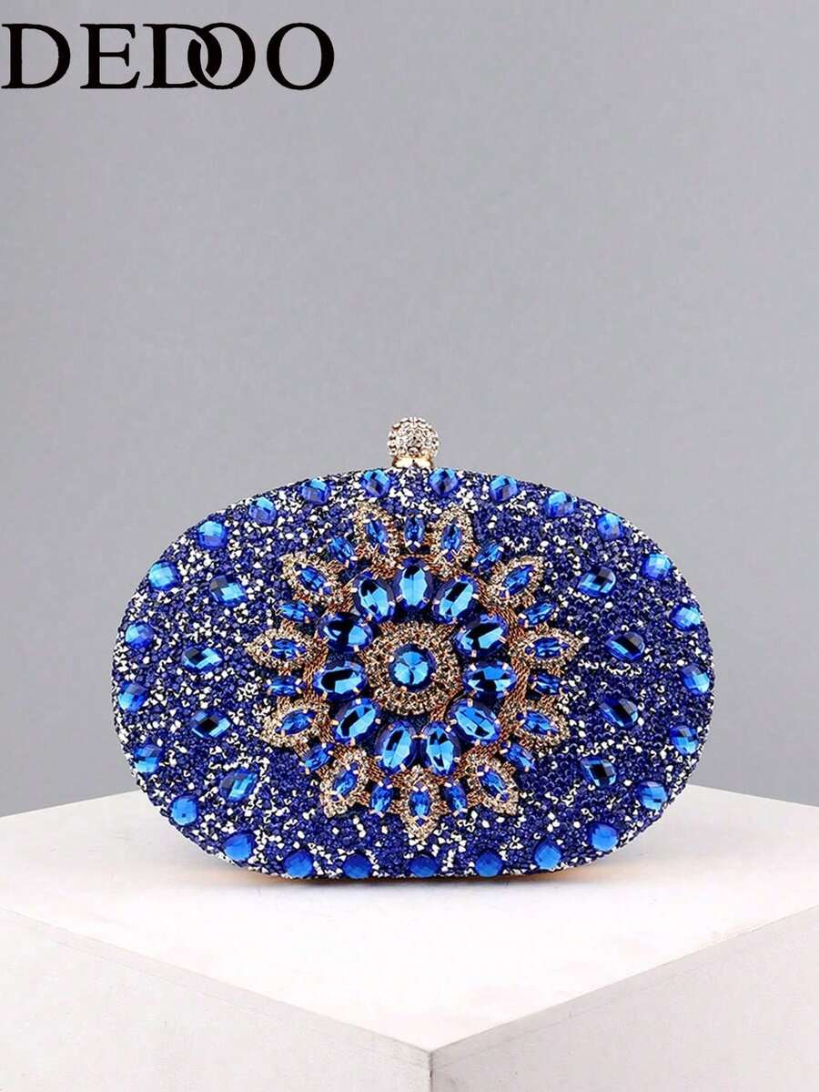 Este Nuevo Bolso de Noche de Forma Ovalada Está Adornado con Brillantes Diamantes de ImitacióDisponidos en un PatróTipo Girasol, y Viene con una Correa de Cadena en Tono Dorado. Se puede - Morado - Ver 1
