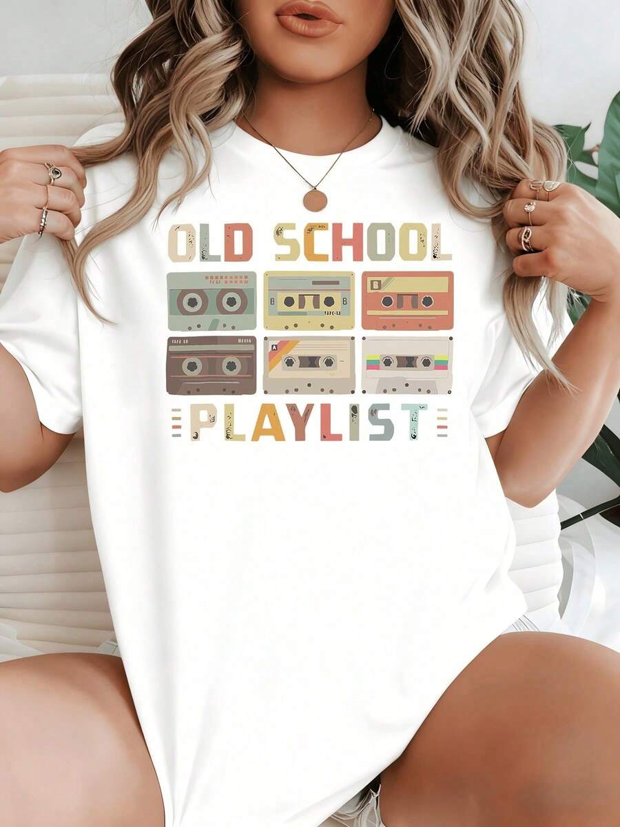 1 paquete de camisetas casuales de algodón para mujer con diseño de cintas de casete retro que representan una lista de reproducción nostálgica de la vieja escuela, amada por los fans de la - Blanco - Ver 1