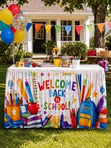 1pc Welcome Back To School Table Skirt, Colorful Polyester Rectangular Pleated Tablecloth With Pencil, Apple, Book And Backpack Print, Classroom Party Table Decor, Suitable For Teacher Welcome, First Day Of School And School Events - Multicolor - View 7