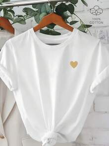 100% Cotton, Gold Embroidered Heart, Women's Summer Casual Wear, Versatile Short-Sleeved T-Shirt, Unisex Everyday Wear For Women And Men, Beautiful White Summer Shirt, Clothing, Ro - 白色 - 查看 1