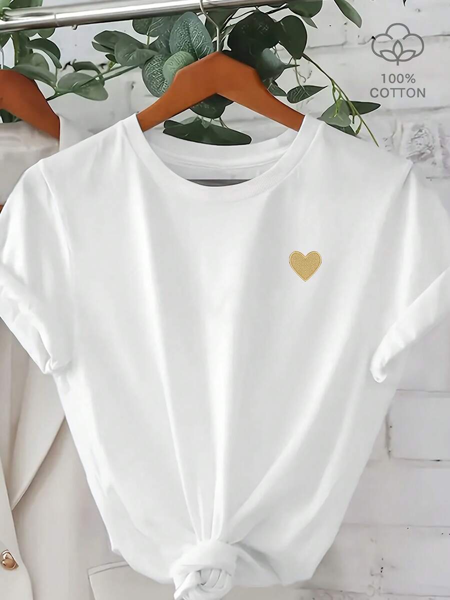 100% Cotton, Gold Embroidered Heart, Women's Summer Casual Wear, Versatile Short-Sleeved T-Shirt, Unisex Everyday Wear For Women And Men, Beautiful White Summer Shirt, Clothing, Ro - 白色 - 查看 1