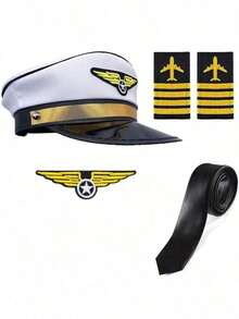 [Duzhou Cos]1-2/5 piezas Sombrero de azafata, corbata, broche, insignia de hombro, gafas para fiesta de Halloween, accesorios de disfraz de azafata/sobrecargo de la serie PE Era, conjunto elegante de piloto de vuelo - Multicolor - View 1
