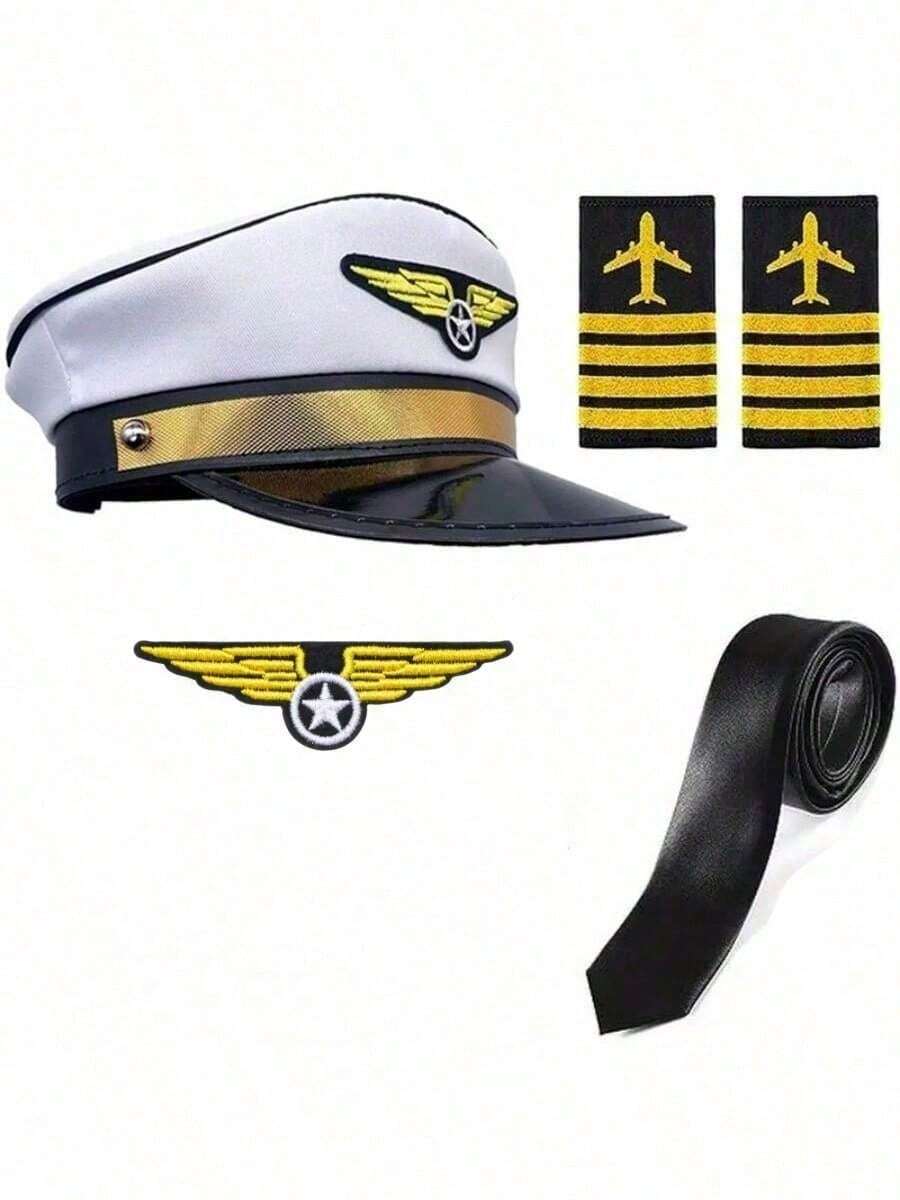 [Duzhou Cos]1-2/5 piezas Sombrero de azafata, corbata, broche, insignia de hombro, gafas para fiesta de Halloween, accesorios de disfraz de azafata/sobrecargo de la serie PE Era, conjunto elegante de piloto de vuelo - Multicolor - View 1