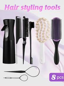 8pcs Curly & Straight Hair Comb Set, Continuous High Pressure Spray Bottle, Long Handle Hollow Hair Washing Massage Comb, 9-Row Comb, Tail Comb, Dual-Ended Eyebrow Comb, Teasing Comb, Hair Braiding Tool, Styling Tools - G1 - View 10