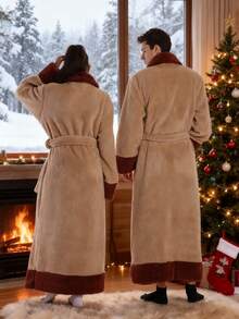 Super Warm Long Pile Lamb Fleece House Robe, Brown Contrast Trim Soft Fluffy Brushed Fabric, Plus Size Loose Couple Loungewear, Unisex, Winter Indoor Bedroom Set, Suitable For Movie Night And Lazy Weekend, Comfortable Home Relaxation Short Robe Gift - Multicolor - View 5