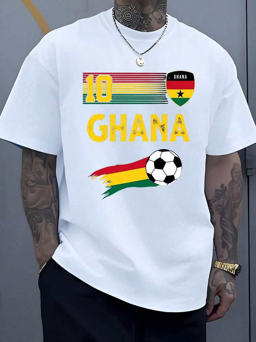 Bandera de Ghana con número 10 balón y colores patrios que simbolizan pasión por el fútbol camiseta de hombre casual cómoda para fans deportivos - Blanco - Ver 1