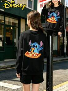 Teen Girl Clothes Disney Lilo And Stitch Pizza Food Print Loose Fit Crewneck Sweatshirt - 黑色 - 查看 1