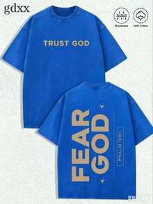 Jesus Graphic T-Shirt With 'God Has A Plan' Print, Double-Sided Print, Washed T-Shirt, Party Gifts, Y2K Graphic Tees For Men, Vintage Washed Style T-Shirts - 藍色3 - 查看 1