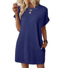 Nuevo producto de verano transfronterizo europeo y americano: vestido de manga corta para mujer, holgado, de cuello redondo, con bolsillos y de color sólido. - Rosa - Ver 8