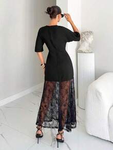 Vestido de mujer elegante y de moda con patchwork de encaje, tonos marrones para citas en otoño, vestidos para mujer de verano - Negro - Ver 3