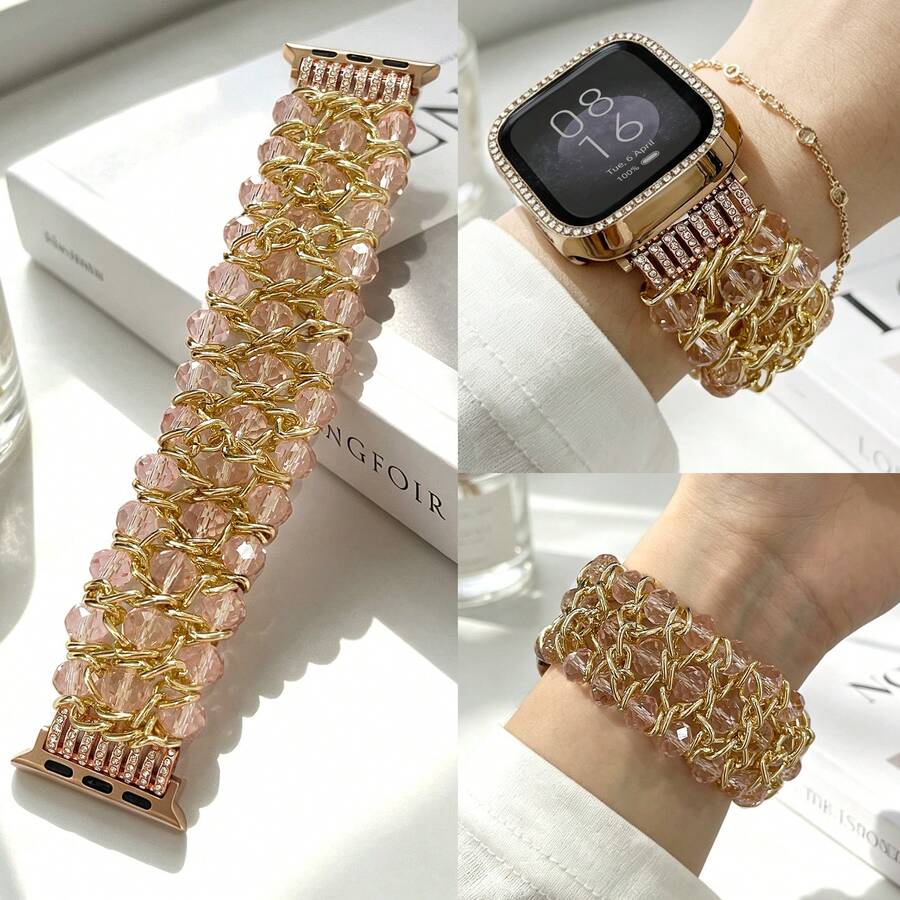 Beaded Bracelet For Women, Transparent Strap, Available In 38mm, 40mm, 41mm, 42mm, 44mm, 45mm, 46mm, 49mm; Handmade Elastic Crystal Pearl Bracelet Suitable For Ultra Series SE, 11, 10, 9, 8, 7, 6, 5, 4, 3, 2, 1 Men's Metal Beaded Strap, Available In Starlight Silver, Pink, Black, Gold, Rose Gold