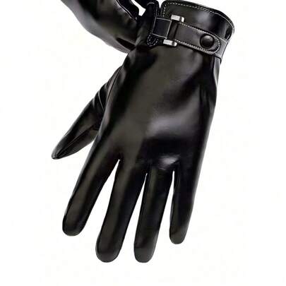 1 Pair Men's Leather Gloves Winter Thermal Lined Thick Warm Windproof Waterproof Touchscreen Motorcycle Riding Gloves Black
