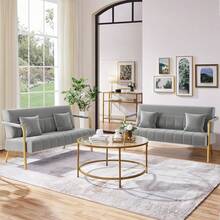 - Sofá moderno de 143.5 cm de ancho, sofá pequeño de tela de terciopelo con brazos y patas de metal dorado para sala de estar, oficina en casa, estudio rosa - Gris,claro - Ver 3