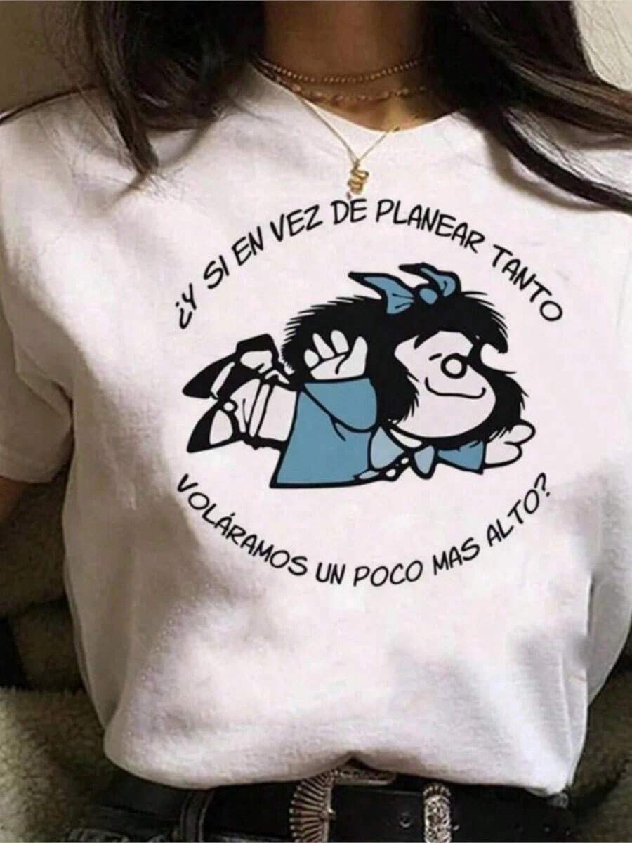 Camiseta Casual Estampado Niña Pensativa Cuello Redondo Básica Estilo Retro Vintage Juvenil Moda Streetwear Alternativo Gráfico Novedad - Blanco - Ver 1