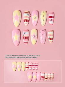 24 buah Kuku Palsu Panjang Bentuk Almond Warna Pink, Desain Berkilau dengan Garis-garis, Titik-titik, Elemen Bintang dan Dekorasi Rhinestone, Set Kuku Palsu Akrilik, Termasuk 1 buah Lem Jelly dan 1 buah Kikir Kuku - MultiWarna - View 4