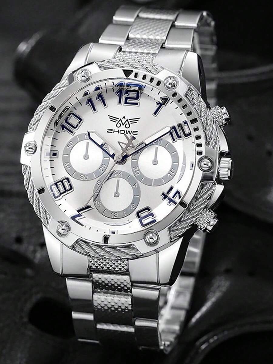 1pc Fashion Business Classic Hexagonal Large Dial Men's Alloy Strap Quartz Watch - Silver - View 1
