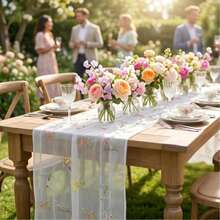 Juego de 3 piezas de camino de mesa transparente con bordado floral (29.5 X 71 pulgadas, verde salvia/champán/blanco), mantel de estilo granja con flores, adecuado para uso diario, vacaciones, bodas, hoteles, fiestas de cumpleaños, decoración del hogar, camping y picnic, todas las estaciones - Camino de mesa de tul bordado con flores silvestres - Ver 7