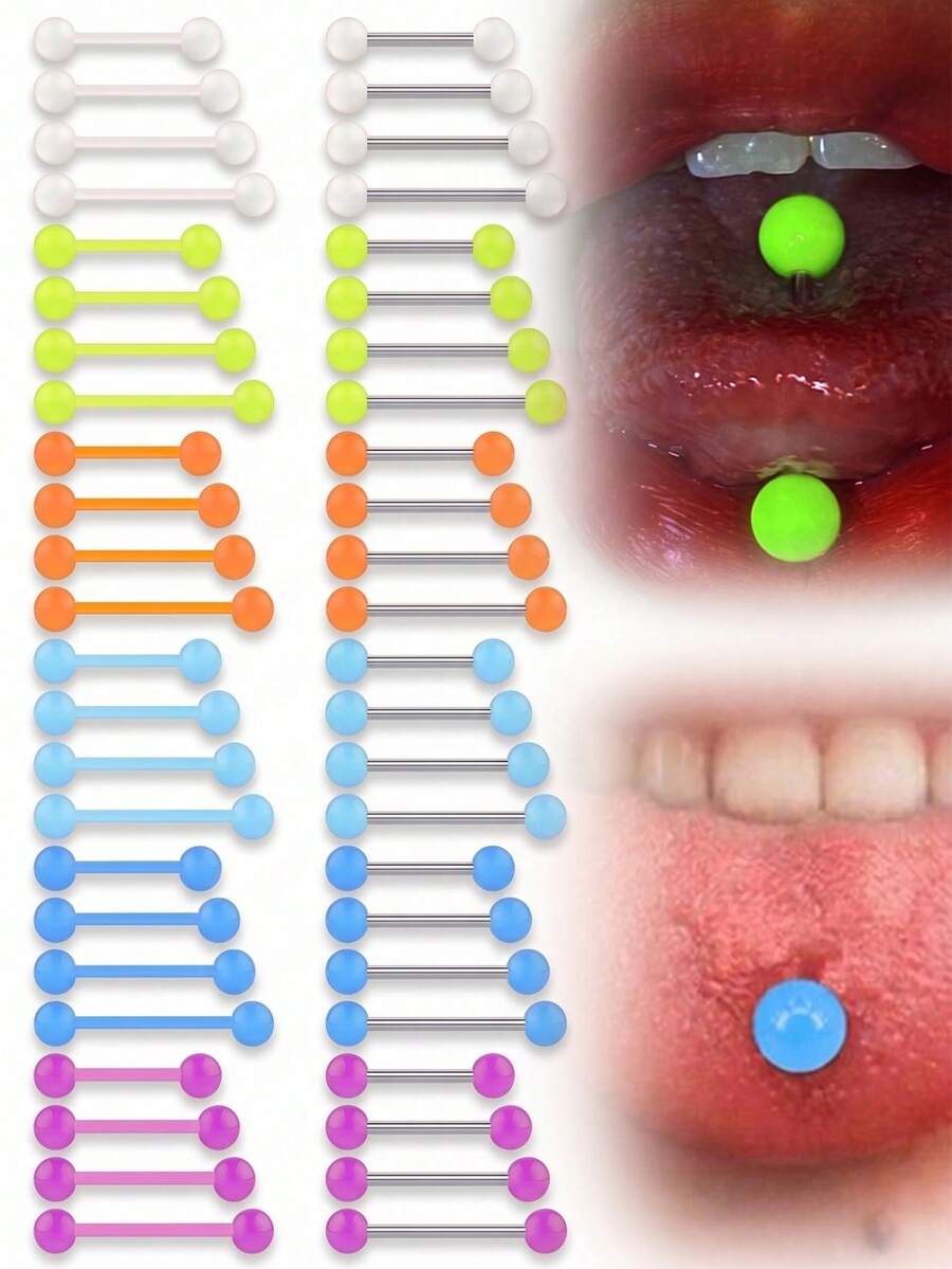 CIZME 14G Glow-In-The-Dark Plastic Tongue Ring, Industrial Barbell, Neon Rubber & Acrylic Nipple Rings, Neon Rubber & Acrylic Stainless Steel Tongue Piercing Jewelry Set, Multi-Color, 12/14/16/18mm - Tongue Studs - View 1