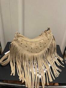 1 buah Tas Selempang Minimalis Unik Warna Polos, Bahan Suede Khaki Halus, Resleting Halus, Hiasan Rivet dan Rumbai, Cocok untuk Wanita - Khaki - View 8
